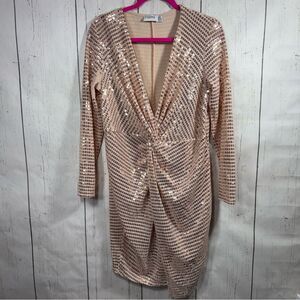 Flounce London Metallic Sequins Long Sleeves V Deep Neck Sparkly Mini Dress